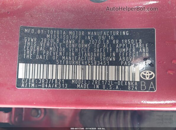 5YFBURHE4HP583451 2017 TOYOTA LL Красный 