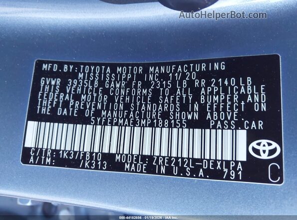 5YFEPMAE3MP188155 2021 TOYOTA LL Light Blue Vista del compartimento del motor