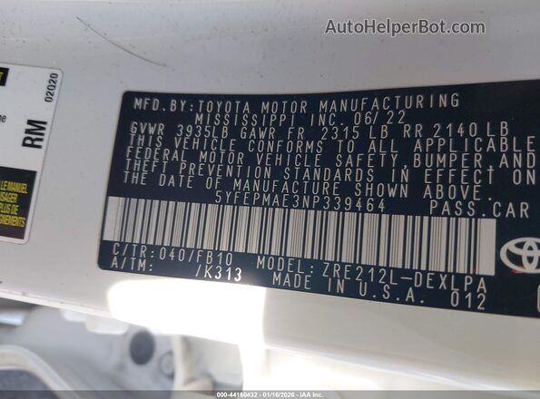 5YFEPMAE3NP339464 2022 TOYOTA LL Белый Вид подкапотного пространства