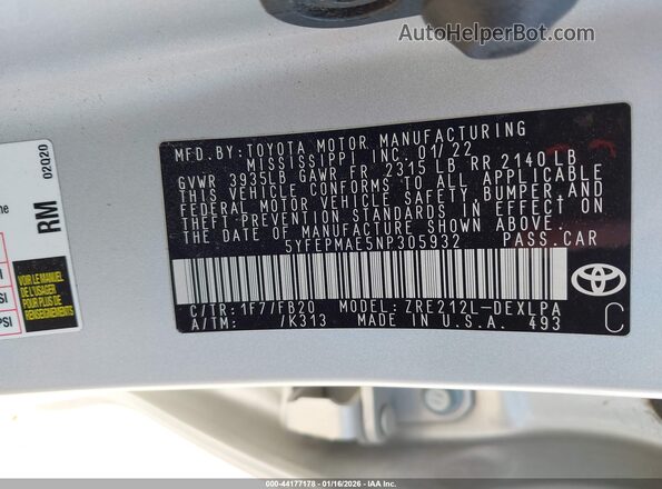 5YFEPMAE5NP305932 2022 TOYOTA LL Silver Vista del compartimento del motor