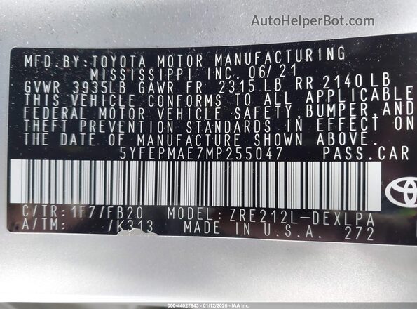 5YFEPMAE7MP255047 2021 TOYOTA LL Silver Вид підкапотного простору