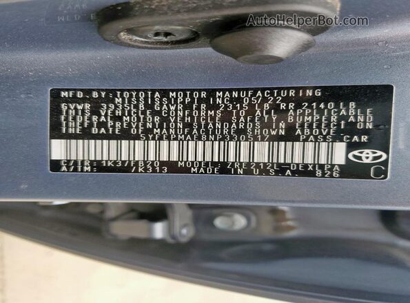 5YFEPMAE8NP330517 2022 TOYOTA LL Blue Vista de la etiqueta del VIN