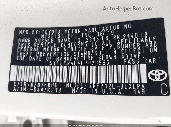 5YFEPRAE4LP023565 2020 TOYOTA LL Белый Вид подкапотного пространства