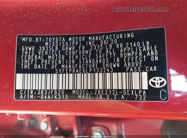 5YFEPRAE6LP133243 2020 TOYOTA LL Red 