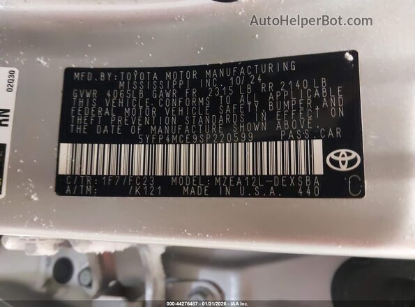 5YFP4MCE9SP220599 2025 TOYOTA LL Gray Widok komory silnika