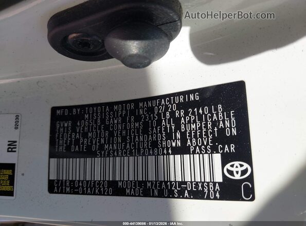 5YFS4RCE1LP048044 2020 TOYOTA LL White Engine compartment view