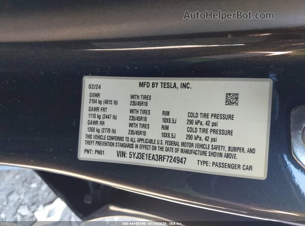 5YJ3E1EA3RF724947 2024 TESLA MODEL 3 Black Շարժիչի բաժամունքի տեսք