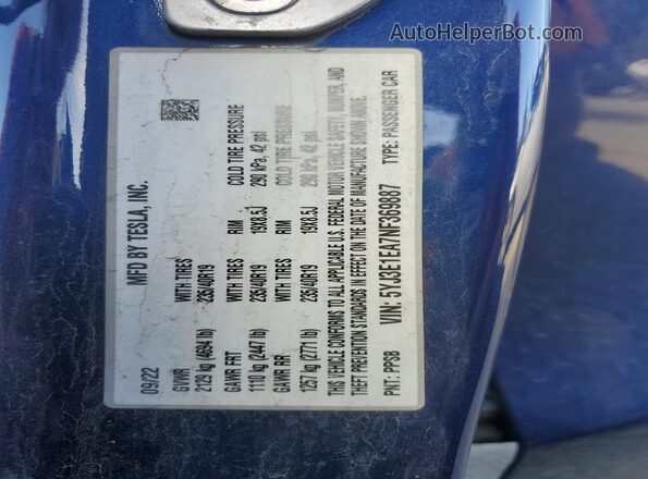 5YJ3E1EA7NF369887 2022 TESLA MODEL Blue 