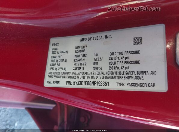 5YJ3E1EB0NF192351 2022 TESLA MODEL 3 Red Vista del compartimento del motor