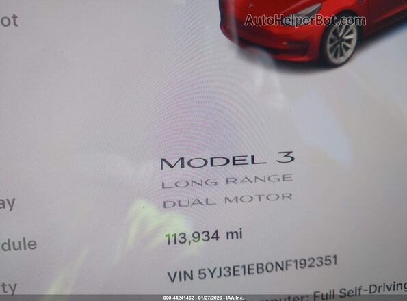 5YJ3E1EB0NF192351 2022 TESLA MODEL 3 Red Vista de los asientos traseros