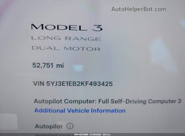 5YJ3E1EB2KF493425 2019 TESLA MODEL 3 White 