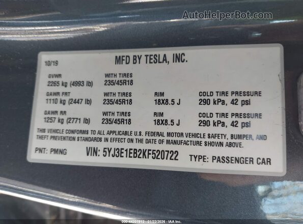 5YJ3E1EB2KF520722 2019 TESLA MODEL 3 Gray Вид підкапотного простору