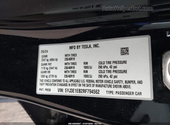 5YJ3E1EB2RF794562 2024 TESLA MODEL 3 Черный Вид подкапотного пространства