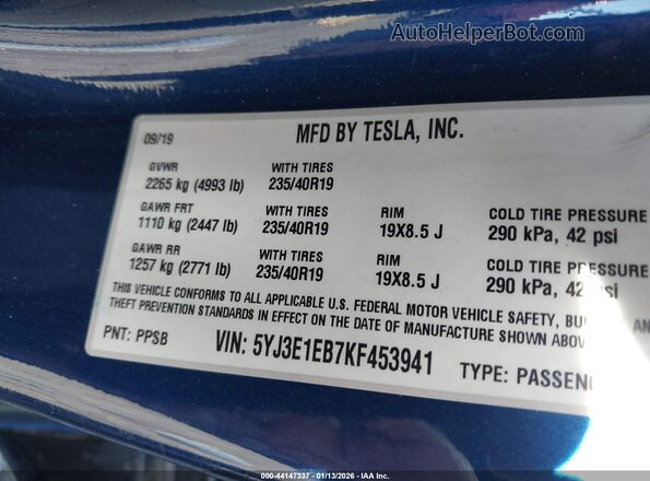 5YJ3E1EB7KF453941 2019 TESLA MODEL 3 Blue Engine compartment view