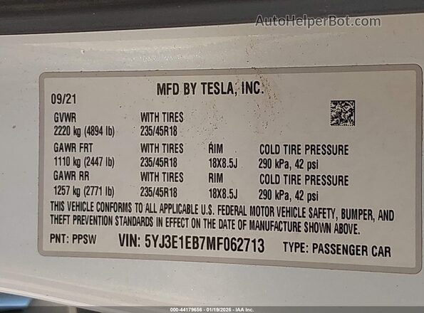 5YJ3E1EB7MF062713 2021 TESLA MODEL 3 Белый 