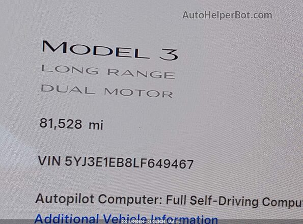 5YJ3E1EB8LF649467 2020 TESLA MODEL 3 Черный 