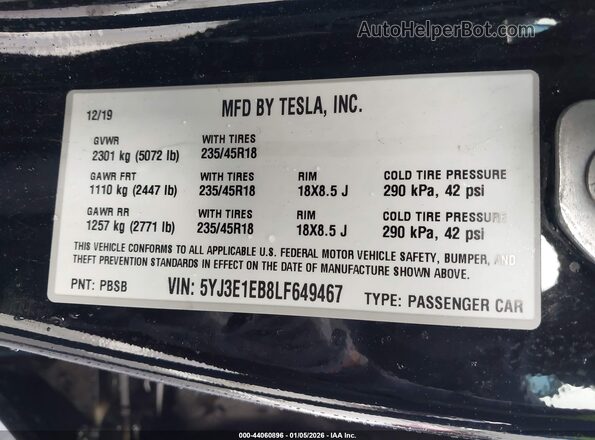 5YJ3E1EB8LF649467 2020 TESLA MODEL 3 Черный Вид подкапотного пространства