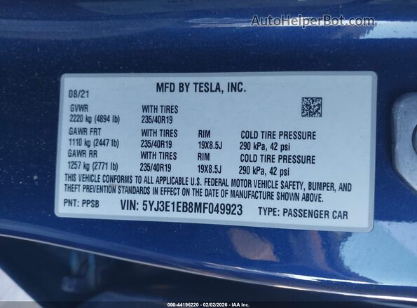 5YJ3E1EB8MF049923 2021 TESLA MODEL 3 Dark Blue 