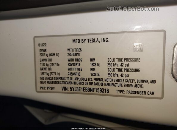 5YJ3E1EB9NF159316 2022 TESLA MODEL 3 White ძრავის განყოფილების ხედი
