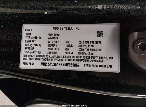 5YJ3E1EBXMF055867 2021 TESLA MODEL 3 Black 