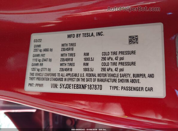 5YJ3E1EBXNF187870 2022 TESLA MODEL 3 Red ძრავის განყოფილების ხედი