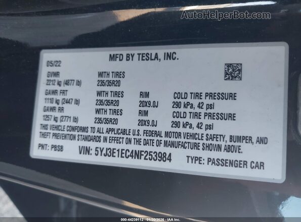 5YJ3E1EC4NF253984 2022 TESLA MODEL 3 Черный Вид подкапотного пространства