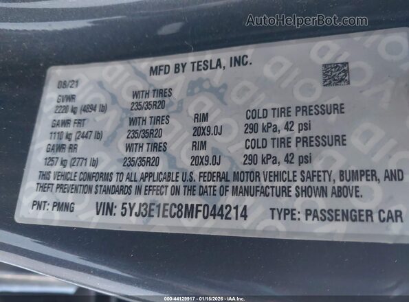 5YJ3E1EC8MF044214 2021 TESLA MODEL 3 Gray Widok naklejki z numerem VIN