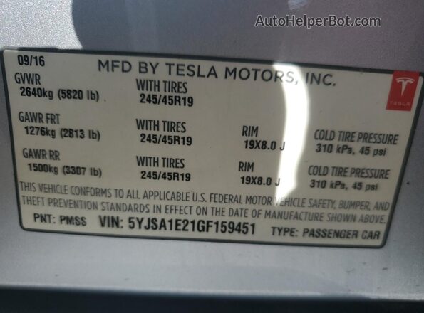 5YJSA1E21GF159451 2016 TESLA MODEL Silver Widok naklejki z numerem VIN