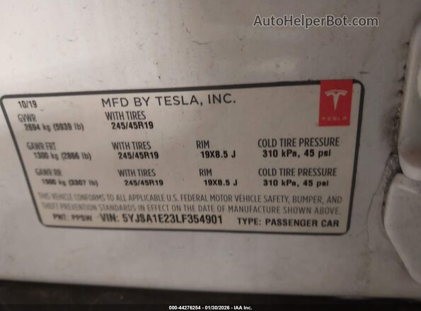5YJSA1E23LF354901 2020 TESLA MODEL S White Vista del compartimento del motor