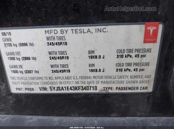 5YJSA1E43KF340710 2019 TESLA MODEL S Black ძრავის განყოფილების ხედი