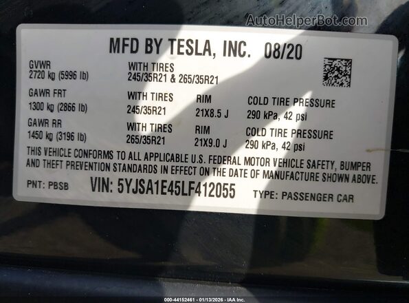 5YJSA1E45LF412055 2020 TESLA MODEL S Черный Вид подкапотного пространства
