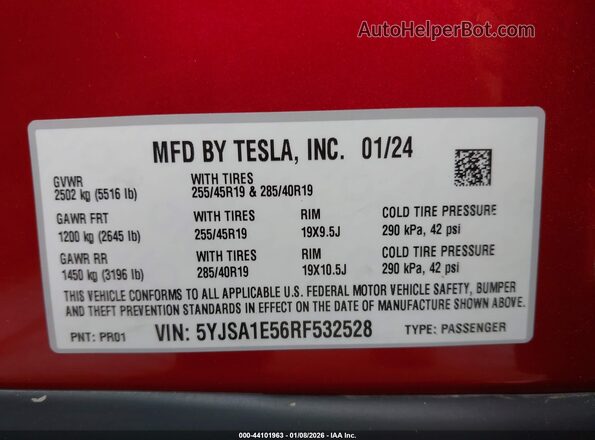 5YJSA1E56RF532528 2024 TESLA MODEL S Red Engine compartment view