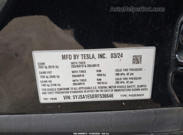 5YJSA1E5XRF536646 2024 TESLA MODEL S Black Вид підкапотного простору