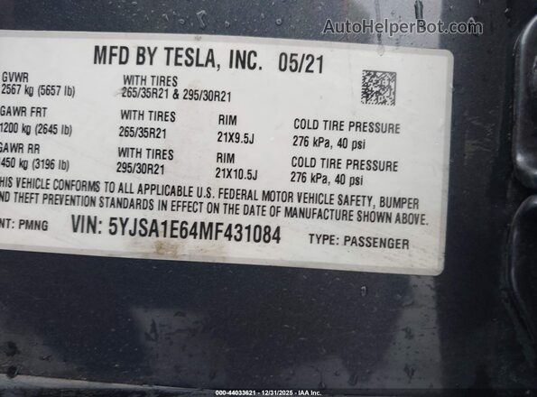5YJSA1E64MF431084 2021 TESLA MODEL S Gray ძრავის განყოფილების ხედი