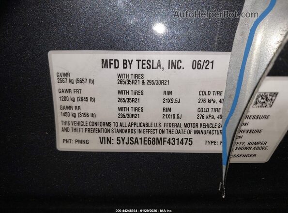 5YJSA1E68MF431475 2021 TESLA MODEL S Серый Вид подкапотного пространства