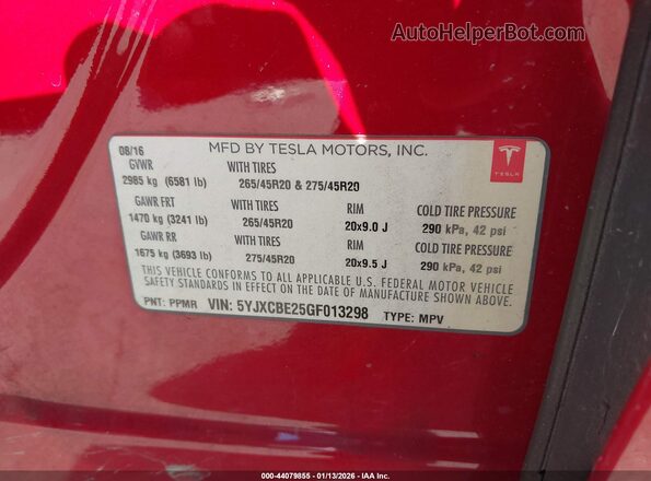 5YJXCBE25GF013298 2016 TESLA MODEL X Red ძრავის განყოფილების ხედი