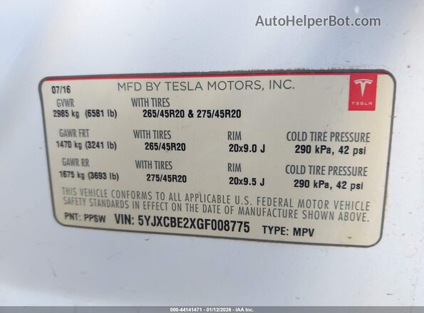 5YJXCBE2XGF008775 2016 TESLA MODEL X White Вид підкапотного простору