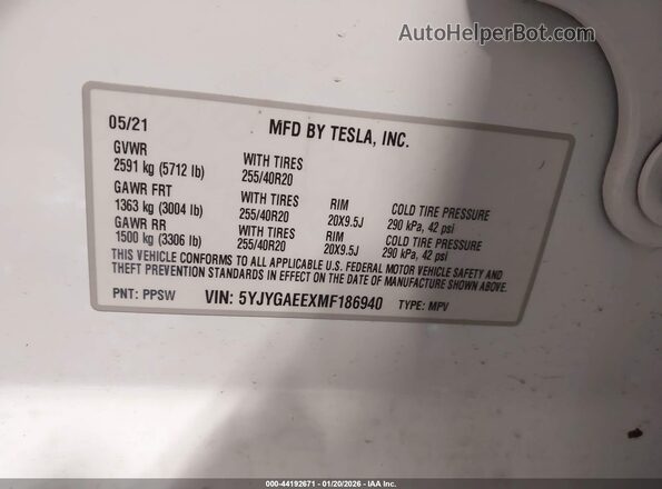 5YJYGAEEXMF186940 2021 TESLA MODEL Y Белый 