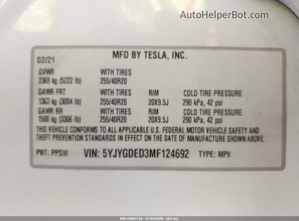 5YJYGDED3MF124692 2021 TESLA MODEL Y White Widok komory silnika
