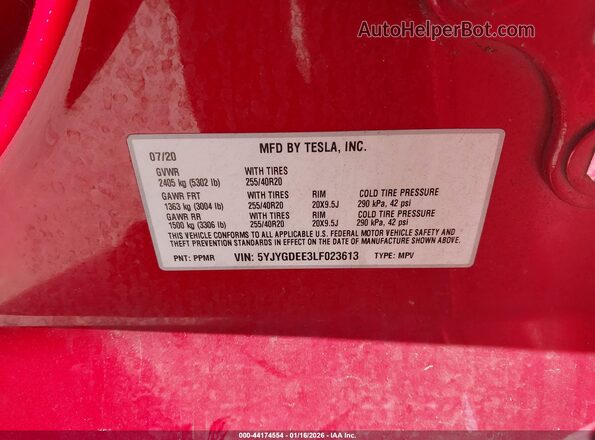 5YJYGDEE3LF023613 2020 TESLA MODEL Y Red Vista del compartimento del motor