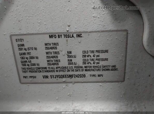 5YJYGDEE5MF242039 2021 TESLA MODEL Y White Engine compartment view