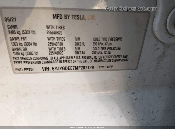 5YJYGDEE7MF207129 2021 TESLA MODEL Y White 