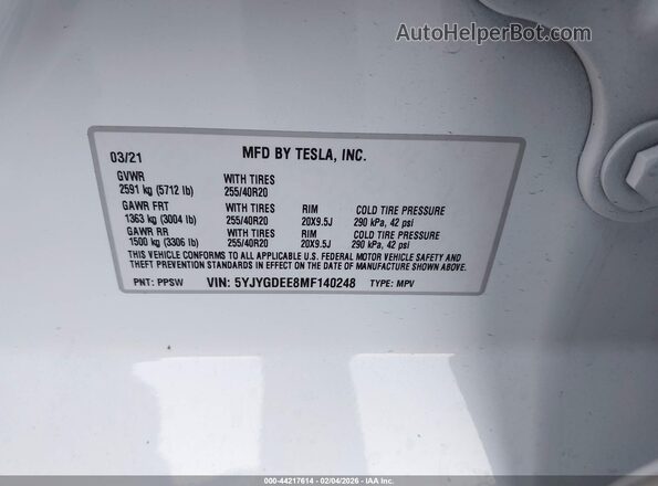 5YJYGDEE8MF140248 2021 TESLA MODEL Y White 