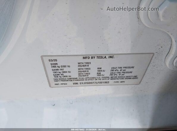 5YJYGDEF7LF001963 2020 TESLA MODEL Y White Вид підкапотного простору