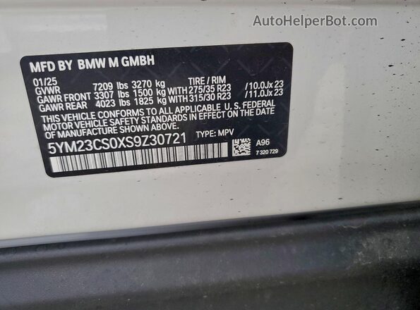 5YM23CS0XS9Z30721 2025 BMW XM White Вид наклейки з VIN-кодом