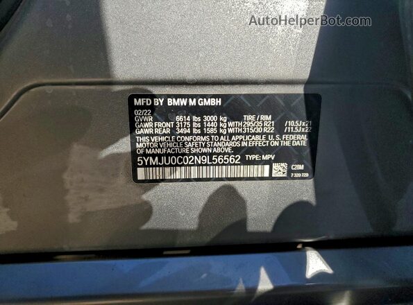 5YMJU0C02N9L56562 2022 BMW X5 Угольный Вид наклейки с VIN-кодом