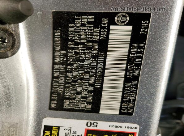 4T1B31HK0KU511467 2019 TOYOTA LE Silver 
