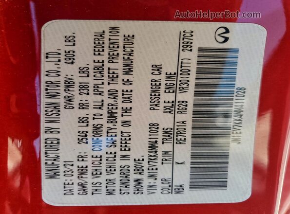 JN1EV7KK4MM411028 2021 INFINITI Q60 Red Widok naklejki z numerem VIN