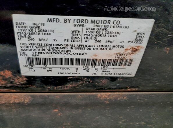 1FM5K8D83JGC04021 2018 FORD FORD EXPLORER Black Вид наклейки з VIN-кодом