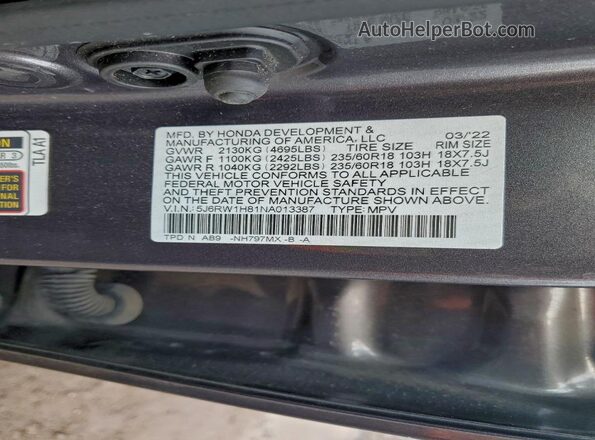 5J6RW1H81NA013387 2022 HONDA CR-V Gray Vista interior de 360 grados